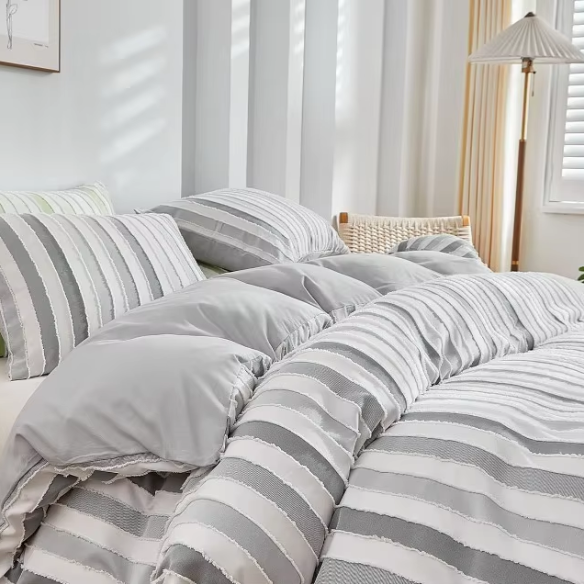Luxurious Tufted Duvet Cover Set – Queen Size | Striped Textured Boho Bedding | Ultra-Soft Washed Microfiber | 3-Piece Set