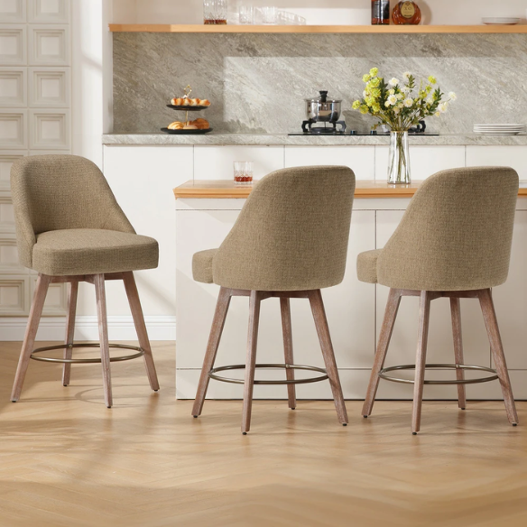 Modern Counter Height Swivel Bar Stool – Upholstered Faux Leather/Polyester Blend Seat, Solid Beech Wood Frame, Ergonomic High Back, Bronze Metal Footrest, 300lb Capacity for Kitchen, Bar, or Pub