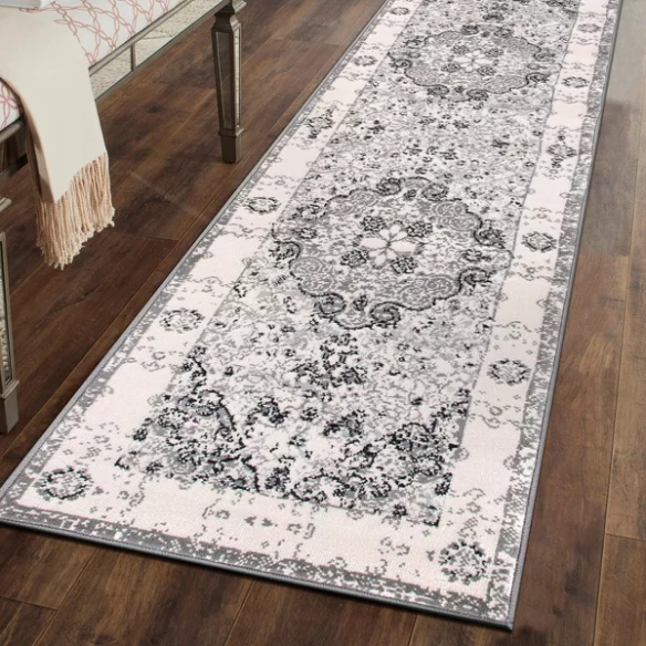 Distressed Oriental-Inspired Indoor Rug – Gray, Silver & Ivory Medallion Pattern, Stain-Resistant, Fade-Resistant, Perfect for Traditional & French Country Décor