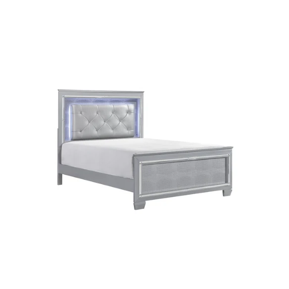 3-Piece Silver Modern LED Panel Bedroom Set with Faux Leather Upholstered Tufted Headboard, Alligator Embossing, and Crystal-Enhanced Accents