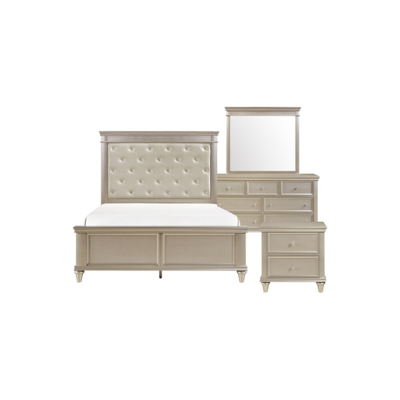 3-Piece Silver Modern Faux Leather Tufted Panel Bedroom Set – Elegant Crystal Tufting, Pearlized Faux Leather Headboard, and High-Polished Knob Hardware
