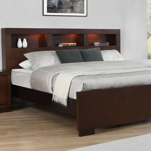 5-Piece Queen Bedroom Set with Bookcase Headboard & Storage – Warm Cappuccino Finish