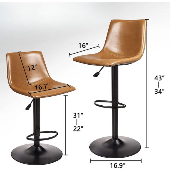 Set of 2 Adjustable Height Swivel Bar Stools with Back – Mid-Century Modern Design, Polished Chrome Base, Ergonomic Imitation Leather Seat, 360° Rotation for Kitchen Island or Bar