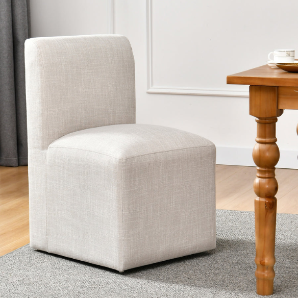Neutral Beige Linen Upholstered Rolling Dining Chair with Casters – Comfortable Accent Seating