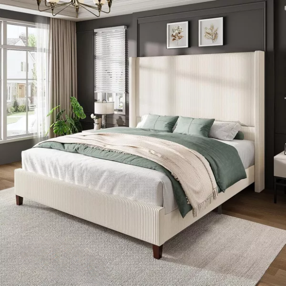 Queen Size Upholstered Wingback Platform Bed in Ribbed Corduroy Fabric
