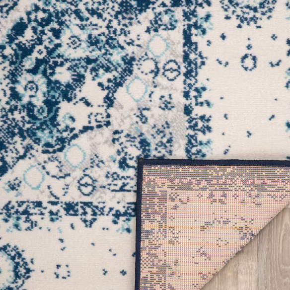 Distressed Oriental-Inspired Indoor Rug – Blue and White Medallion Pattern, Stain-Resistant, Fade-Resistant, Perfect for Traditional & French Country Décor