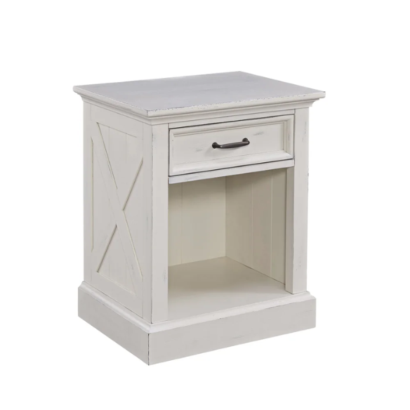 Farmhouse-Style 3-Piece X-Detail King Bed, Nightstand, and Chest Set with Weathered White Coating