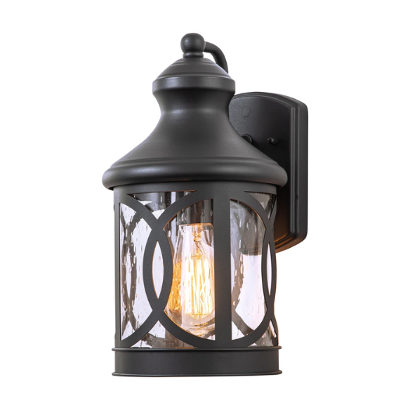 1-Light Matte Black Outdoor Wall Sconce with Seeded Glass Shade – Traditional Lantern Design, Weather-Resistant, Ideal for Porch, Patio, and Front Entrance