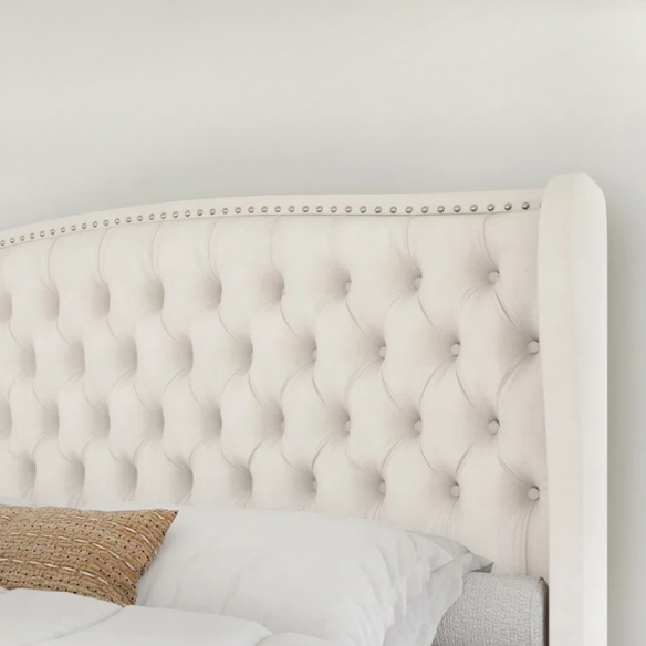 Velvet Queen Size Bed with Button Tufted Upholstery, Nailhead Trim, and Wingback Headboard