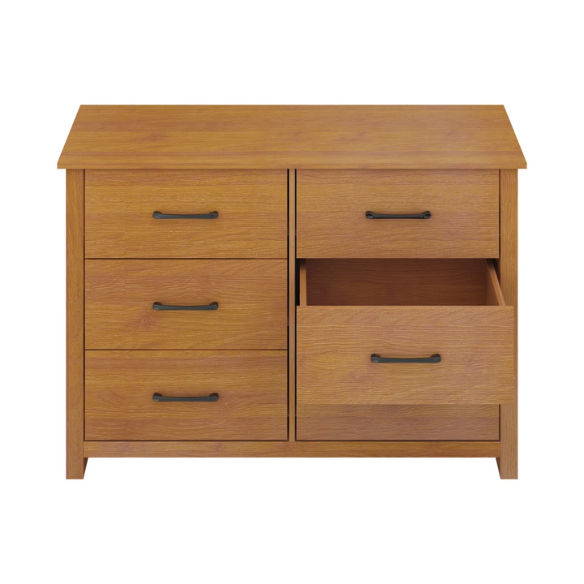 Modern 6-Drawer Double Dresser with Flared Feet and Sleek Black Metal Handles