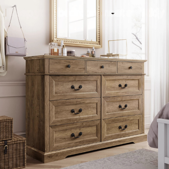 Rustic Modern 9-Drawer 53.5'' Double Dresser with Inset Paneling, Crown Molding, and Customizable Metal Handles