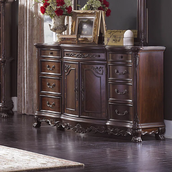 4-Piece Configurable Bedroom Set with Solid Cherry Wood Construction, Antique Walnut Veneer, Crown Molding, Carved Claw Feet, and Ample Storage - Includes Bed, Dresser, Nightstand, and Matching Mirror