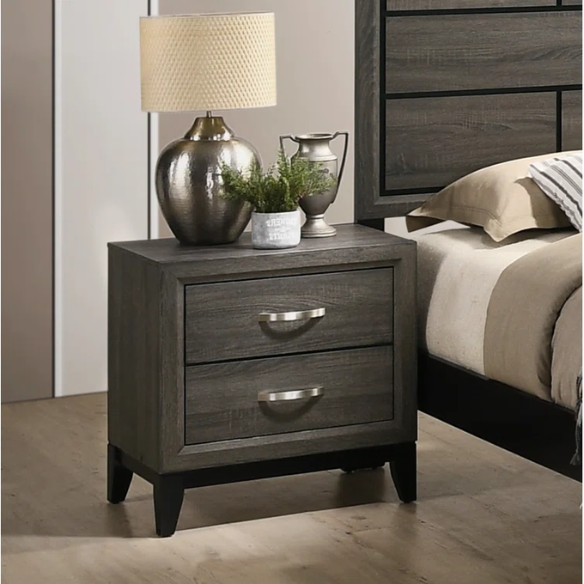 Rustic Cabin-Inspired 5-Piece Queen Bedroom Set with Carved Wood Panel Bed, Metal Hardware, and Dark Gray Brushed Finish