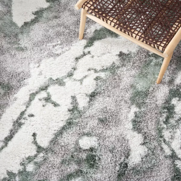 Plush Abstract Green, Grey, and White Pattern Shag Rug