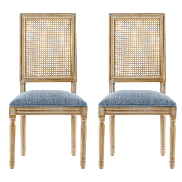 French Country Wood and Cane Upholstered Dining Chairs – Weathered Rubberwood Frame with Fluted Legs & Rectangular Cane Backrest