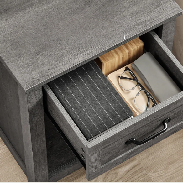 Farmhouse-Style Nightstand with Built-In Charging Station – Engineered Wood, Spacious Top, Drawer & Open Compartment, Matte Black Metal Handle, USB-A & USB-C Ports, AC Outlets, Ideal for Bedroom or Living Room
