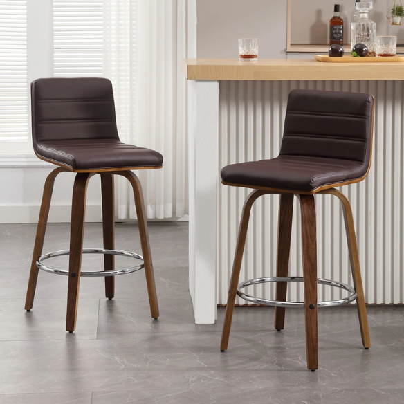 Mid-Century Modern Faux Leather Swivel Counter/Bar Stools – 360° Swivel, Padded PU Leather Seat & Back, Durable Bentwood Legs, Metal Footrest, Supports Up to 440lbs for Home Bar or Kitchen