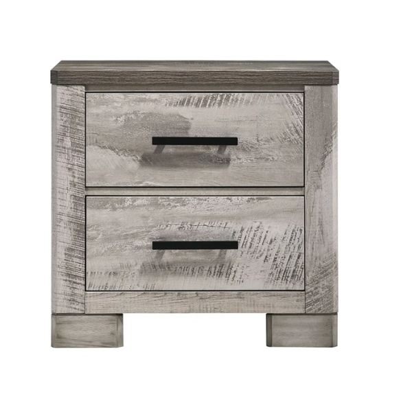 Coastal Farmhouse-Inspired King Size Bedroom Set: Distressed Whitewash Finish with Natural Brown Accents – Includes Platform Bed, 2-Drawer Nightstand, 7-Drawer Dresser with Mirror, and Optional 5-Drawer Chest for Complete Storage Solution