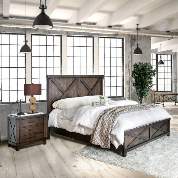 Rustic Dark Walnut 2-Piece King Size Panel Bed and Nightstand Set with X-Shape Accents and Metal Corners