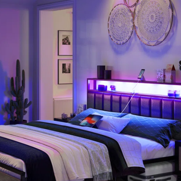 Modern LED King Size Bed Frame with Storage Drawers and Built-in Charging Station
