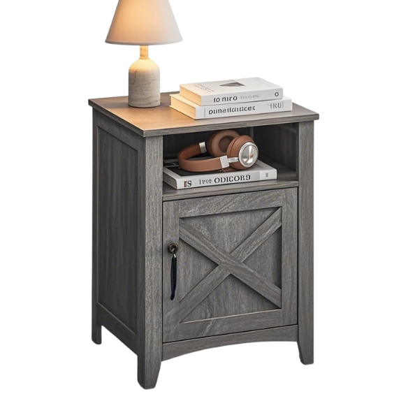 Farmhouse Nightstand with Cabinet & Open Compartment – Rustic Bedside Table, Distressed Finish, Barn Door Style, Matte Black Metal Handles, Flared Legs, Versatile Storage for Bedroom or Living Room