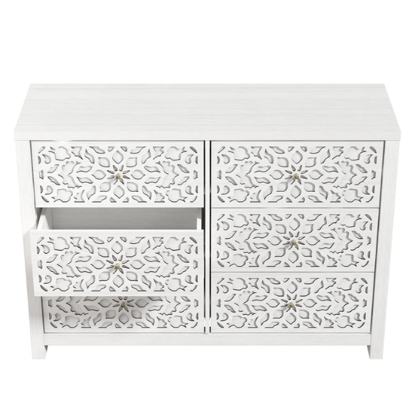 Boho-Inspired 45.4" 6-Drawer Dresser with Distressed Finish and Openwork Floral Details