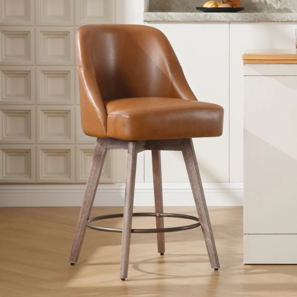 Modern Counter Height Swivel Bar Stool – Upholstered Faux Leather/Polyester Blend Seat, Solid Beech Wood Frame, Ergonomic High Back, Bronze Metal Footrest, 300lb Capacity for Kitchen, Bar, or Pub