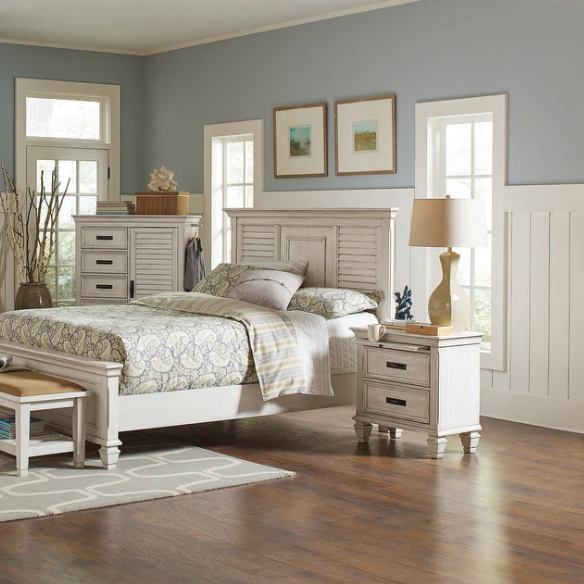 Rustic 2-Piece Wood Panel Bedroom Set with Louvered Headboard & Nightstand – Wire-Brushed Finish and Millwork Trim for a Warm, Homely Touch