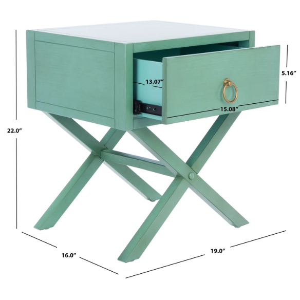 1-Drawer Nightstand – Classic Campaign Style with Contemporary Chic, Acacia Wood Frame, Cross-Base Design, Bold Finish, Gold Drawer Pull, Perfect for Modern Bedrooms
