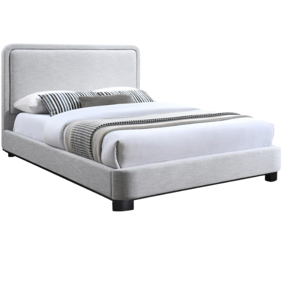 Luxurious Linen Textured Fabric King Size Upholstered Panel Bed with Solid Wood Base