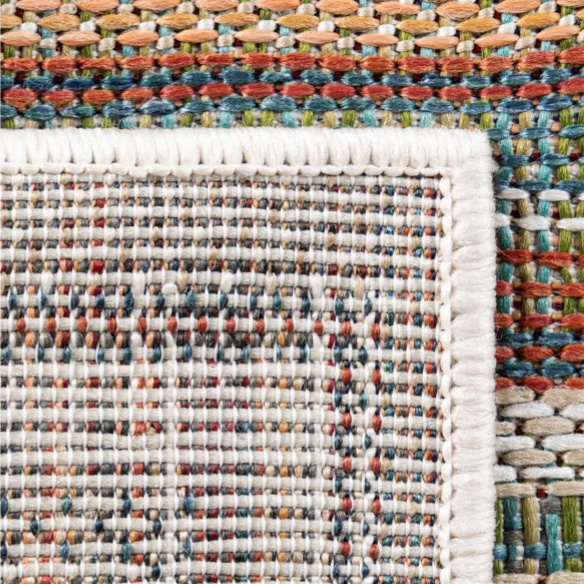 Coastal-Inspired Geometric Rug – Fade & Stain-Resistant, Green & Orange Pattern, Ideal for Indoor/Outdoor Use