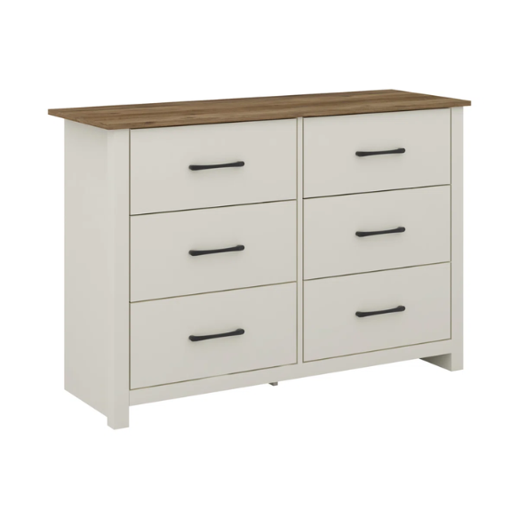 Modern 6-Drawer Double Dresser with Flared Feet and Sleek Black Metal Handles
