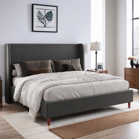 Queen Size Sleek and Minimalist Upholstered Platform Bed with Soft Linen Fabric – Elegant and Modern Design