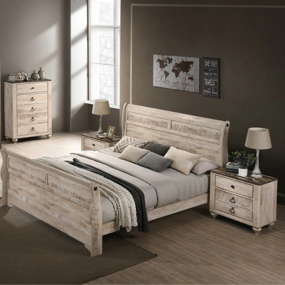 Charming 6-Piece White Wash Finish Bedroom Set with Sleigh Bed, Dresser, Mirror, Nightstands, and Chest – Antique Bronze Accents and Rustic Elegance