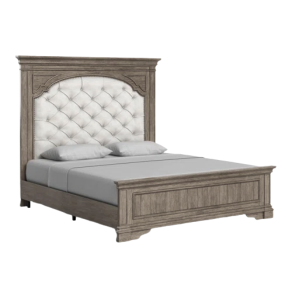 Rustic Driftwood Grey King 5-Piece Bedroom Set – Upholstered Tufted Bed, Nightstand, Dresser with Mirror, and Chest
