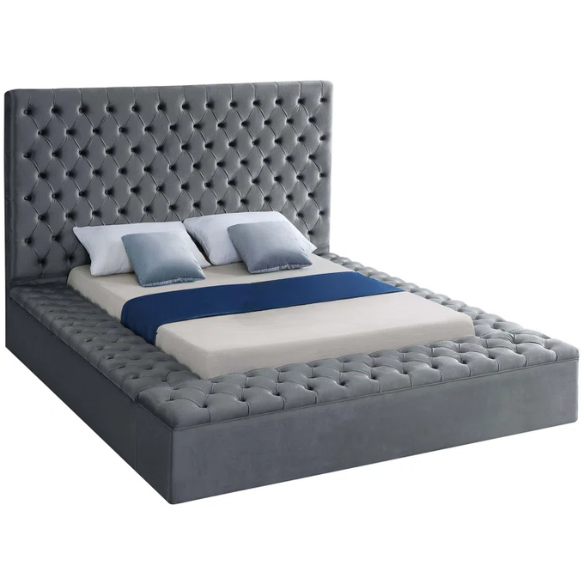 Elegant Velvet Upholstered King Size Platform Storage Bed with Tufted Headboard and Slats