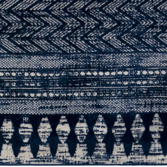 Southwestern-Inspired Geometric Rug – Navy Blue Diamond, Chevron & Dot Patterns on Off-White, Stain-Resistant, Perfect for High-Traffic Areas