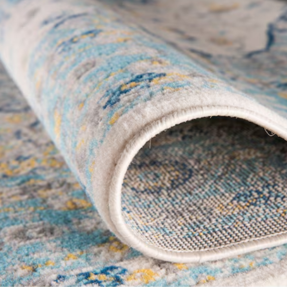 Distressed Oriental-Inspired Indoor Rug – Blue, Yellow & Cream Medallion Pattern, Stain-Resistant, Fade-Resistant, Perfect for Traditional & French Country Décor