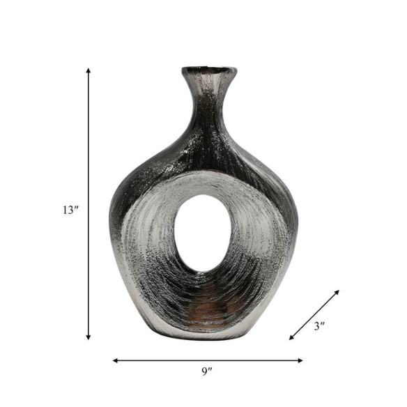 Abstract Sculptural Ceramic Vase with Unique Oval Cut-Out Design – 13" Modern Beaded Accent Vase for Tabletop or Shelf Décor, Ideal for Faux Florals and Statement Styling
