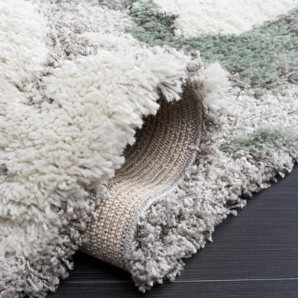 Plush Abstract Green, Grey, and White Pattern Shag Rug