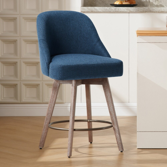 Modern Counter Height Swivel Bar Stool – Upholstered Faux Leather/Polyester Blend Seat, Solid Beech Wood Frame, Ergonomic High Back, Bronze Metal Footrest, 300lb Capacity for Kitchen, Bar, or Pub