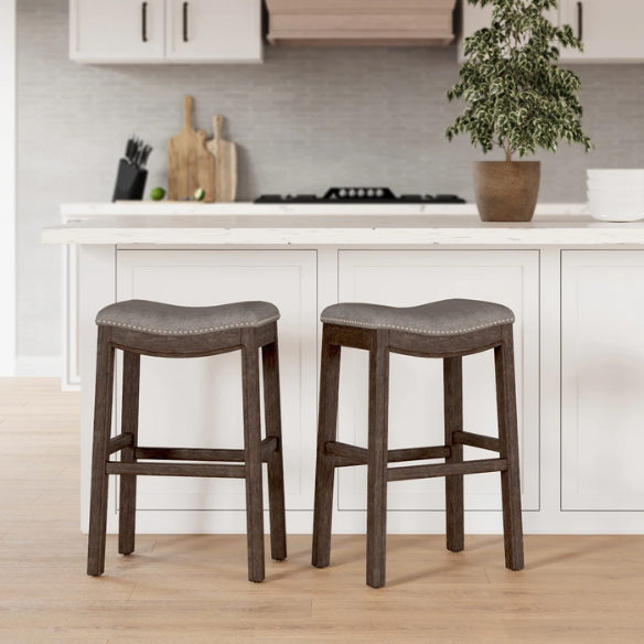 Saddle-Seat Wood Bar Stool with Upholstered Seat – Stylish and Durable Bar Stool in Distressed Espresso Finish