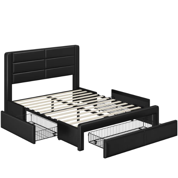 King Size Vegan Leather Metal Platform Storage Bed with 3 Drawers, Tufted Headboard, and Built-In USB Ports – Modern Design for Ultimate Comfort and Convenience