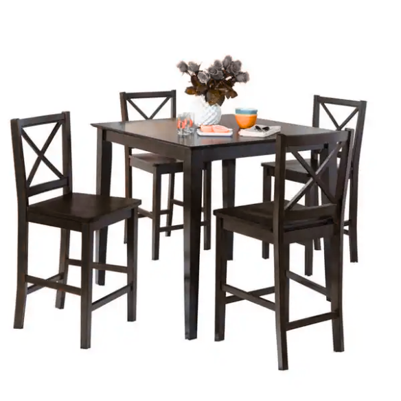 Cross Back Counter Height 5-Piece Dining Set – Industrial Rubberwood Table & Chairs in Black or Espresso Finish