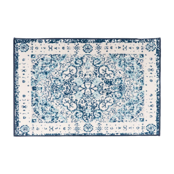 Distressed Oriental-Inspired Indoor Rug – Blue and White Medallion Pattern, Stain-Resistant, Fade-Resistant, Perfect for Traditional & French Country Décor