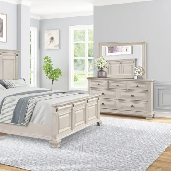 5-Piece King Bedroom Set – Solid Wood Construction with Muted Silver Accents, Fluted Pilasters, French Bracket Foot Bases, and Elegant Dovetail Drawer Detailing for Timeless Sophistication