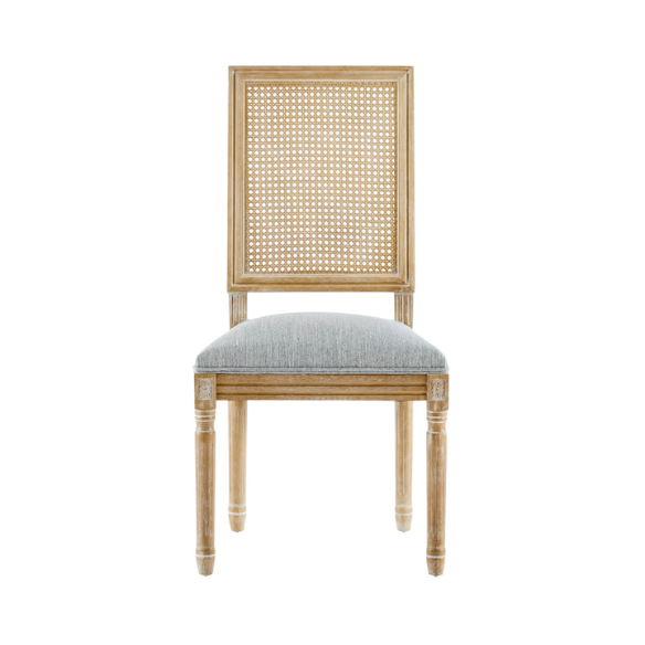 French Country Wood and Cane Upholstered Dining Chairs – Weathered Rubberwood Frame with Fluted Legs & Rectangular Cane Backrest