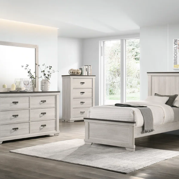 Luxurious Rustic Solid Wood 5-Piece Twin Bedroom Set: Cream & Brown Panel Bed, Dresser, Mirror, Nightstand, and Chest