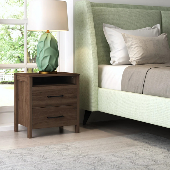 22.7" 2-Drawer Nightstand – Space-Saving Modern Minimalism, Engineered Wood with Clean-Lined Silhouette, Neutral Finish, Open Cubby & 2 Spacious Drawers for Bedroom Storage, Ideal for Tech & Accessories