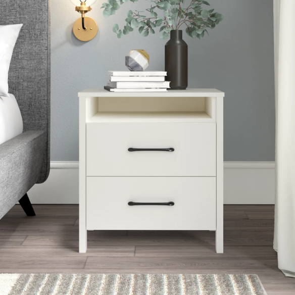 22.7" 2-Drawer Nightstand – Space-Saving Modern Minimalism, Engineered Wood with Clean-Lined Silhouette, Neutral Finish, Open Cubby & 2 Spacious Drawers for Bedroom Storage, Ideal for Tech & Accessories
